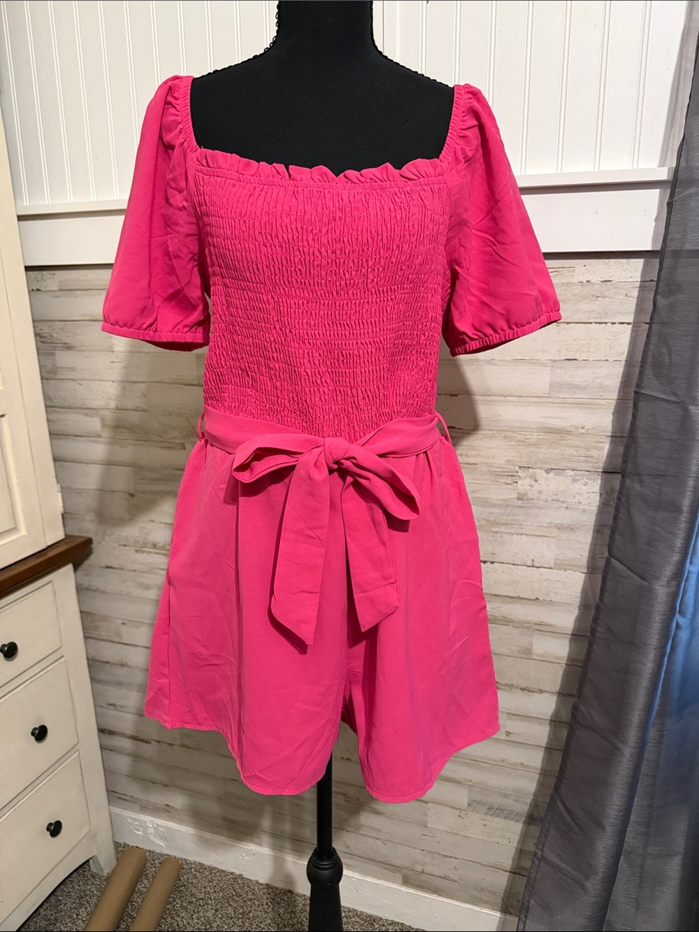 Women's Pink Smocked Waist Short Dress with Tie Belt